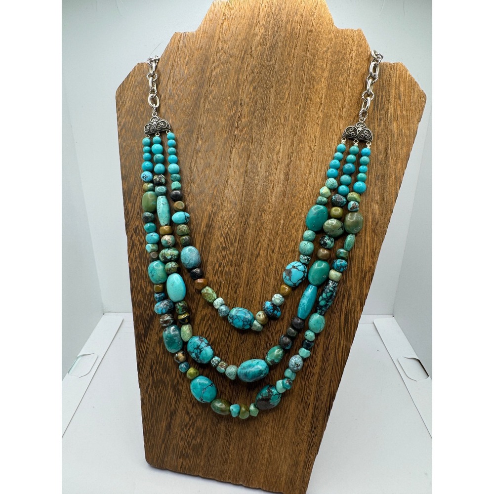 BJ Sterling Silver 925 Multi Strand Turquoise Gemstone Statement Necklace Bib
